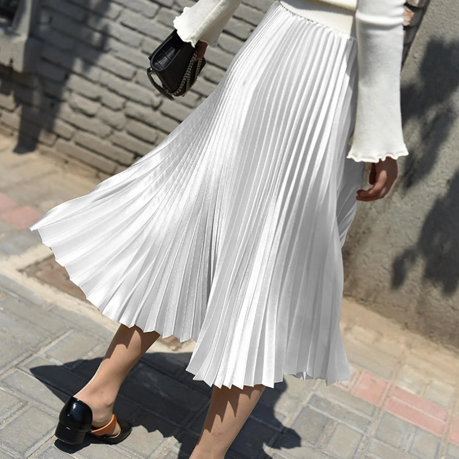 ALCEA ROSEA Women's Pleated Midi Skirt High Waist Knitted Solid Casual Skirt 7855