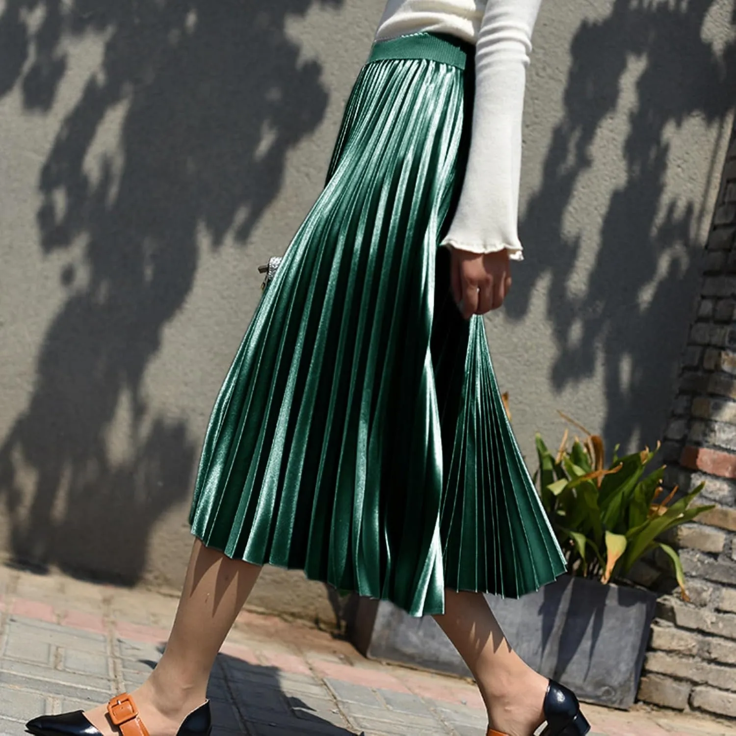 ALCEA ROSEA Women's Pleated Midi Skirt High Waist Knitted Solid Casual Skirt 7855