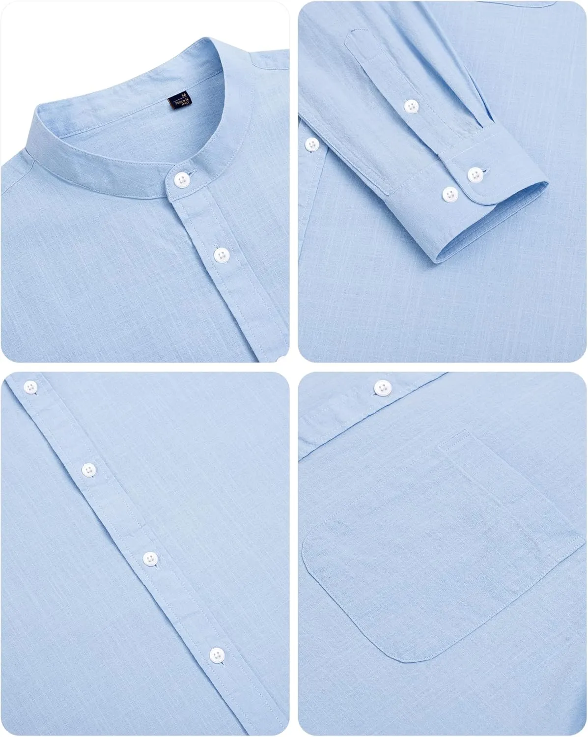 Alimens & Gentle Men's Cotton Linen Shirts Long Sleeve Button Down Shirt Band Collar Beach Shirts