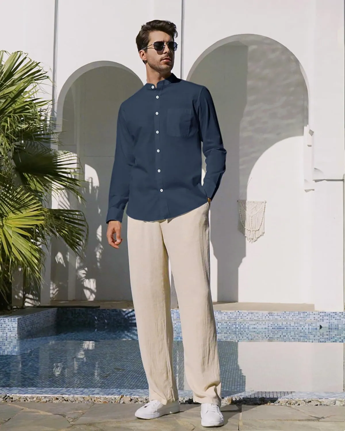 Alimens & Gentle Men's Cotton Linen Shirts Long Sleeve Button Down Shirt Band Collar Beach Shirts