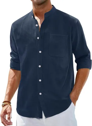 Alimens & Gentle Men's Cotton Linen Shirts Long Sleeve Button Down Shirt Band Collar Beach Shirts