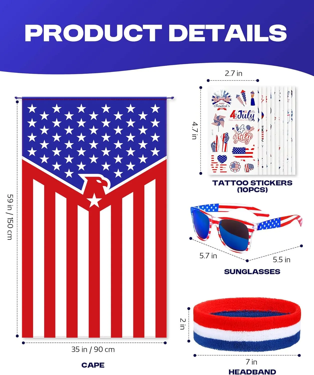 American Flag Costume Cape, Sunglasses, Headband and Patriotic Tattoo Stickers Set for 4th of July Independence Day