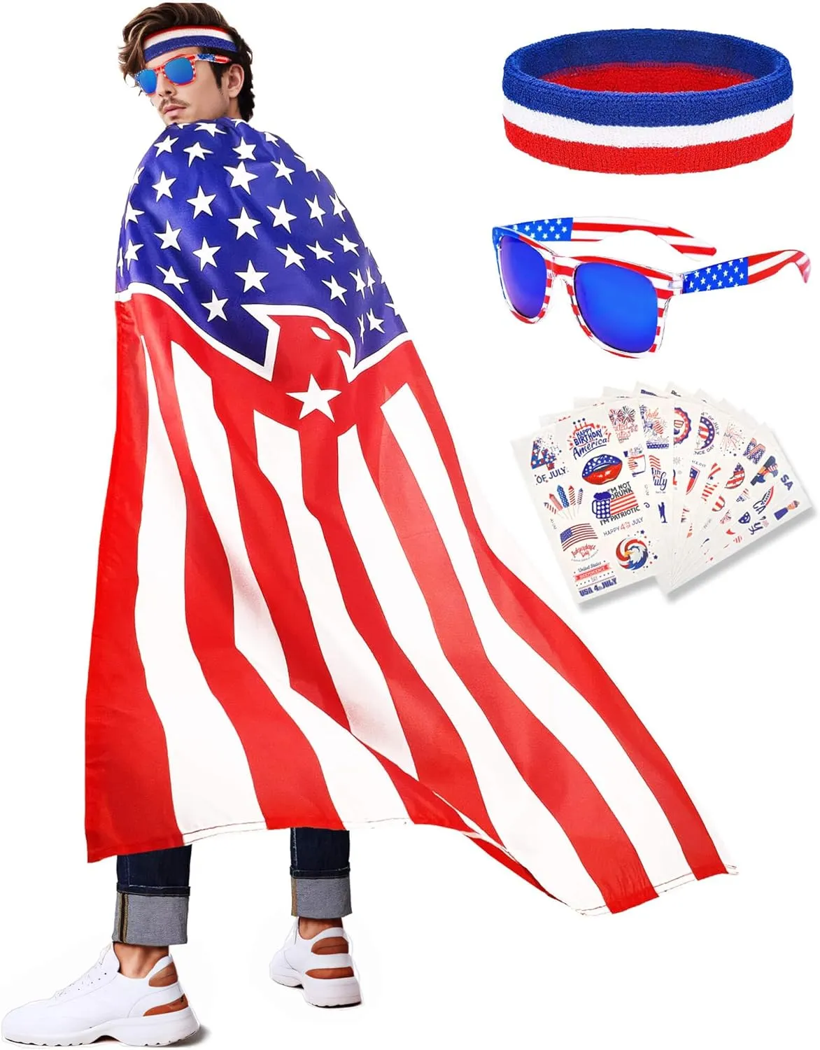 American Flag Costume Cape, Sunglasses, Headband and Patriotic Tattoo Stickers Set for 4th of July Independence Day