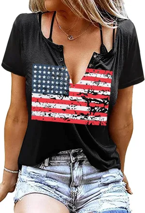 American Flag Shirt Tops Womens 4th of July T-Shirts Ring Hole Short Sleeve Sexy V-Neck Patriotic Tees
