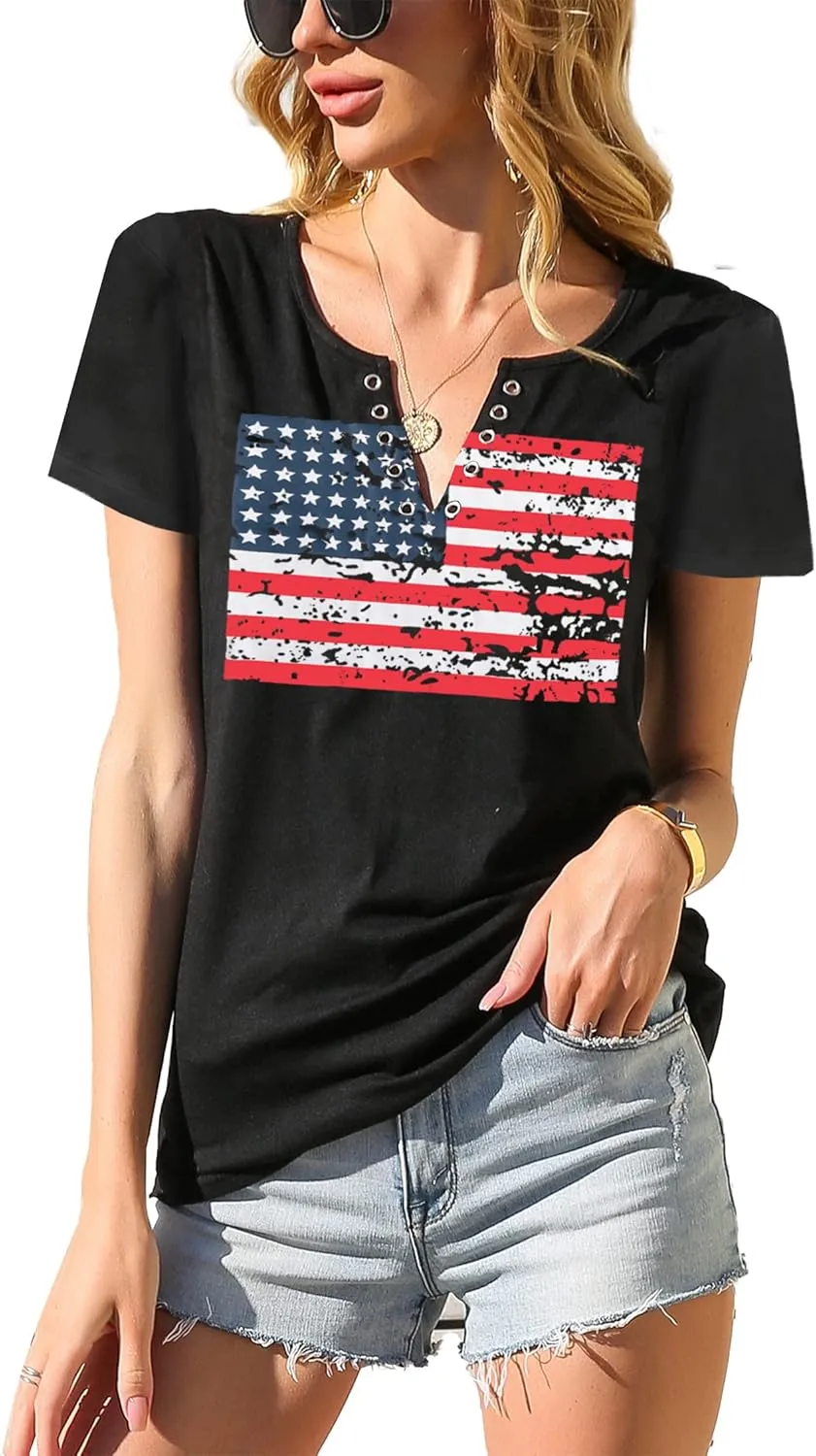 American Flag Shirt Tops Womens 4th of July T-Shirts Ring Hole Short Sleeve Sexy V-Neck Patriotic Tees