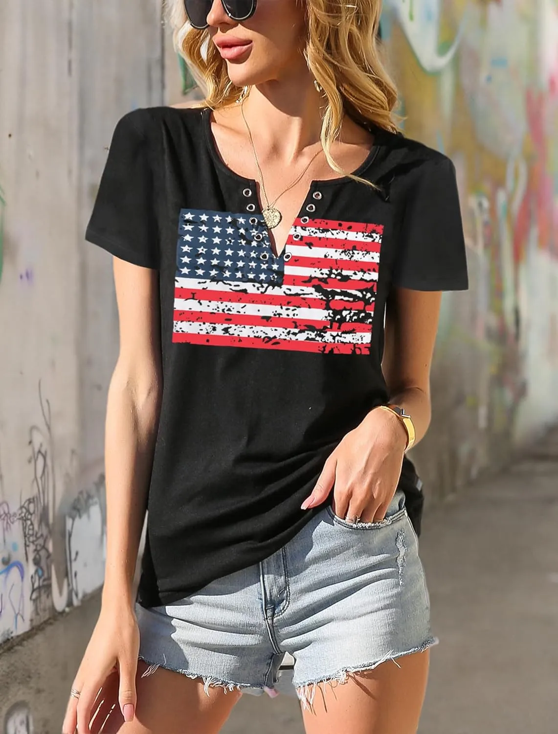American Flag Shirt Tops Womens 4th of July T-Shirts Ring Hole Short Sleeve Sexy V-Neck Patriotic Tees