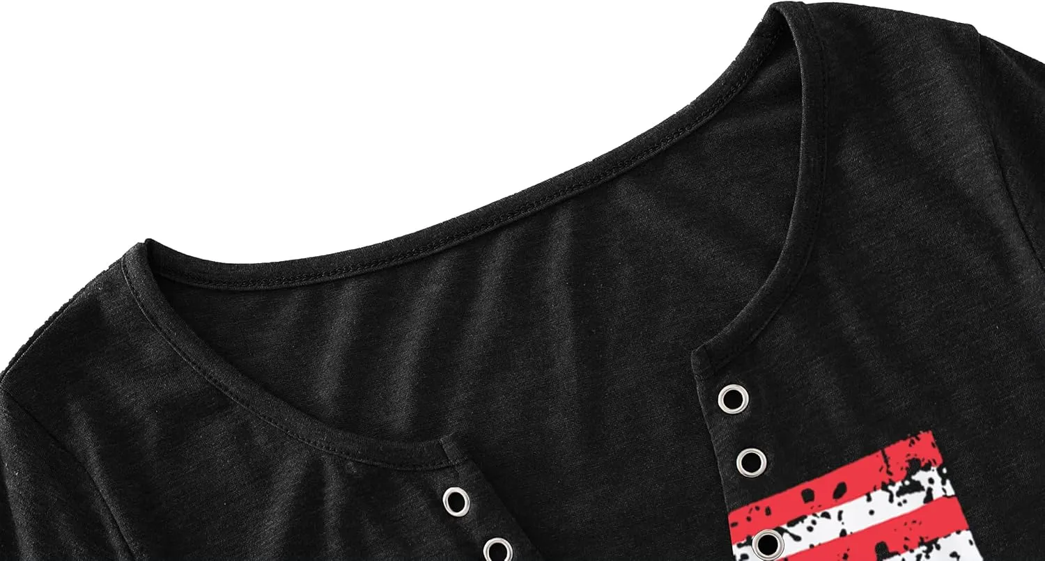 American Flag Shirt Tops Womens 4th of July T-Shirts Ring Hole Short Sleeve Sexy V-Neck Patriotic Tees