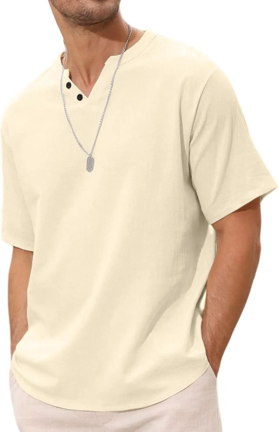 Angbater Men's Linen Shirt Short Beach Hippie T Shirts Casual Summer Lightweight Tropical Henley Shirts