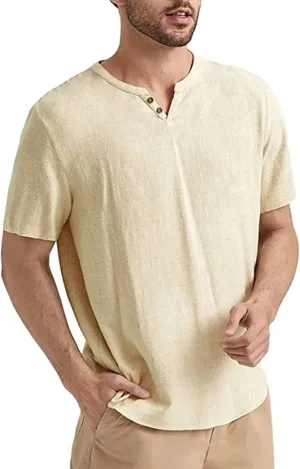 Angbater Men's Linen Shirt Short Beach Hippie T Shirts Casual Summer Lightweight Tropical Henley Shirts