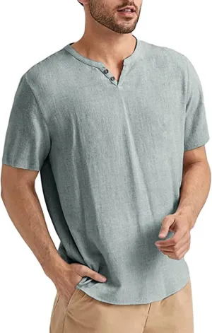 Angbater Men's Linen Shirt Short Beach Hippie T Shirts Casual Summer Lightweight Tropical Henley Shirts