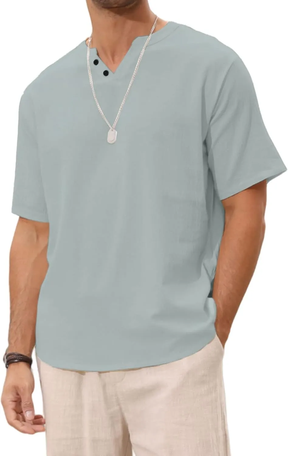 Angbater Men's Linen Shirt Short Beach Hippie T Shirts Casual Summer Lightweight Tropical Henley Shirts