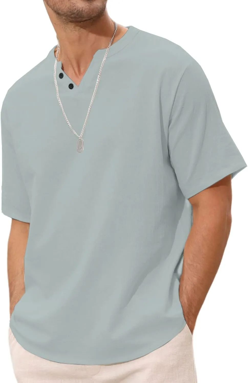 Angbater Men's Linen Shirt Short Beach Hippie T Shirts Casual Summer Lightweight Tropical Henley Shirts
