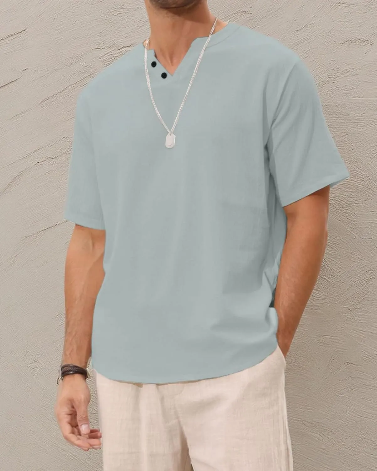Angbater Men's Linen Shirt Short Beach Hippie T Shirts Casual Summer Lightweight Tropical Henley Shirts