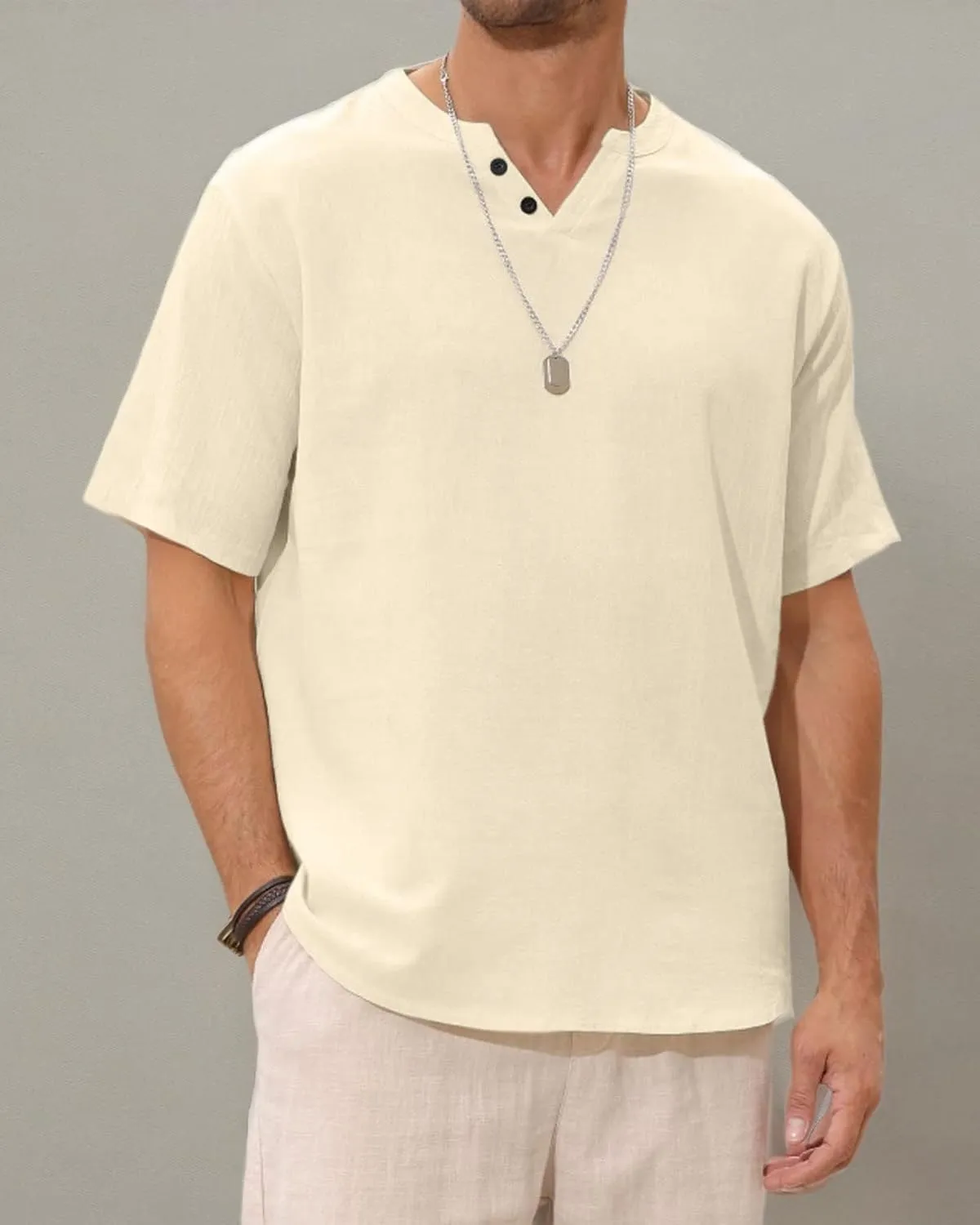 Angbater Men's Linen Shirt Short Beach Hippie T Shirts Casual Summer Lightweight Tropical Henley Shirts