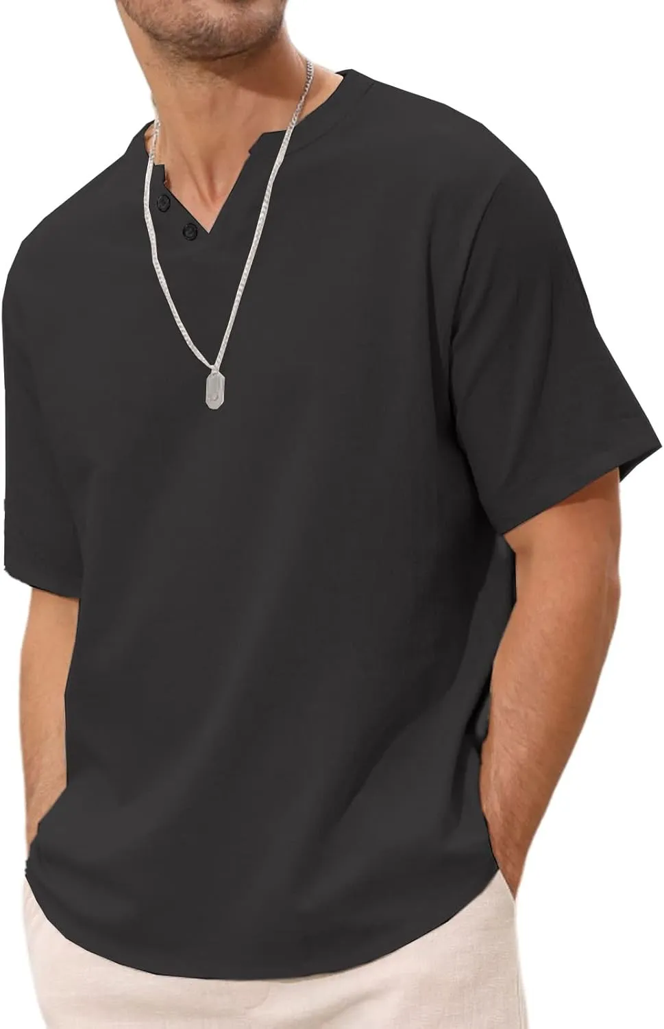 Angbater Men's Linen Shirt Short Beach Hippie T Shirts Casual Summer Lightweight Tropical Henley Shirts