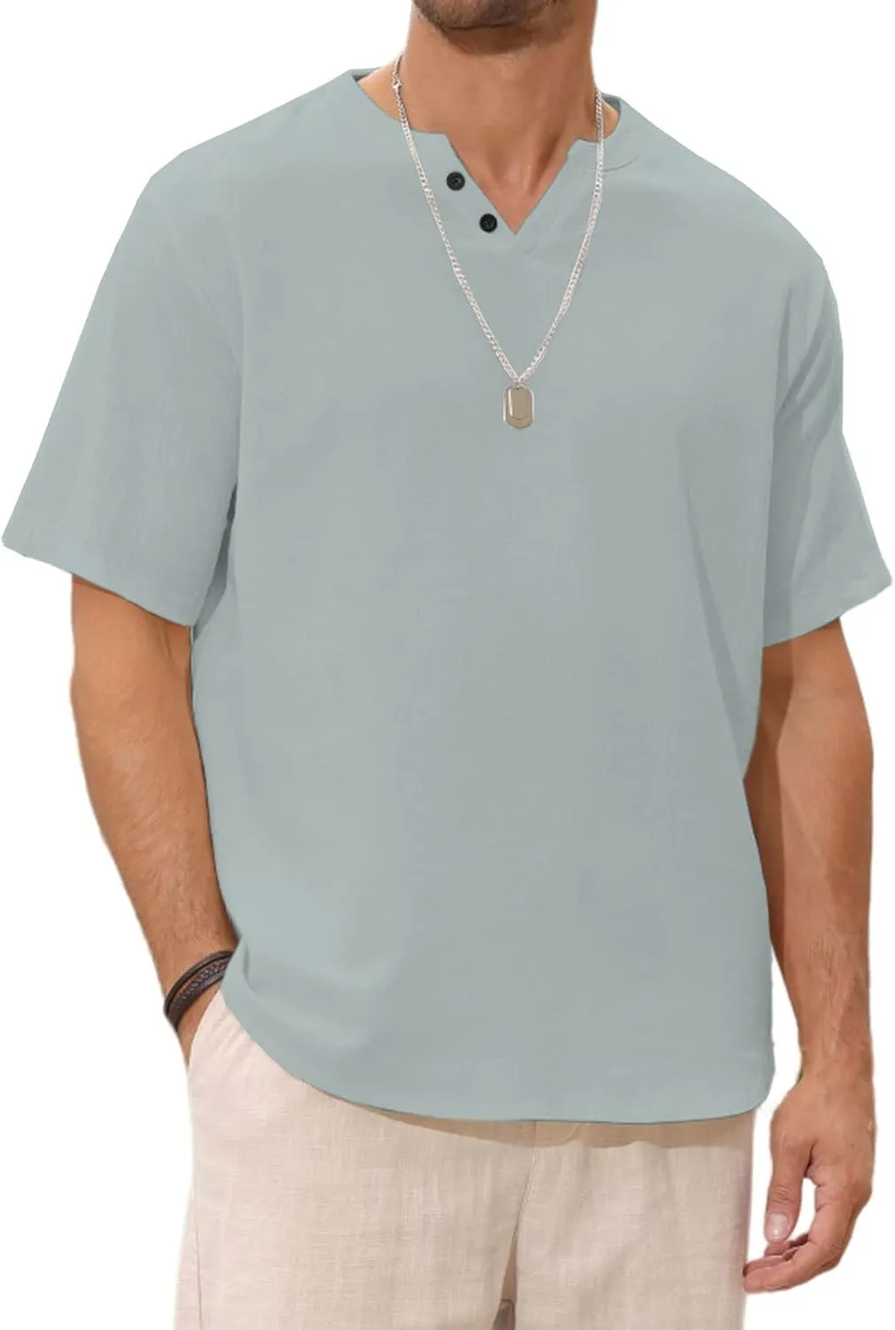 Angbater Men's Linen Shirt Short Beach Hippie T Shirts Casual Summer Lightweight Tropical Henley Shirts