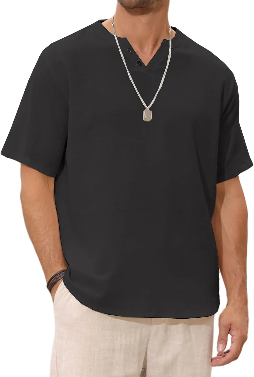 Angbater Men's Linen Shirt Short Beach Hippie T Shirts Casual Summer Lightweight Tropical Henley Shirts