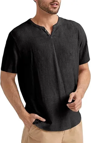 Angbater Men's Linen Shirt Short Beach Hippie T Shirts Casual Summer Lightweight Tropical Henley Shirts