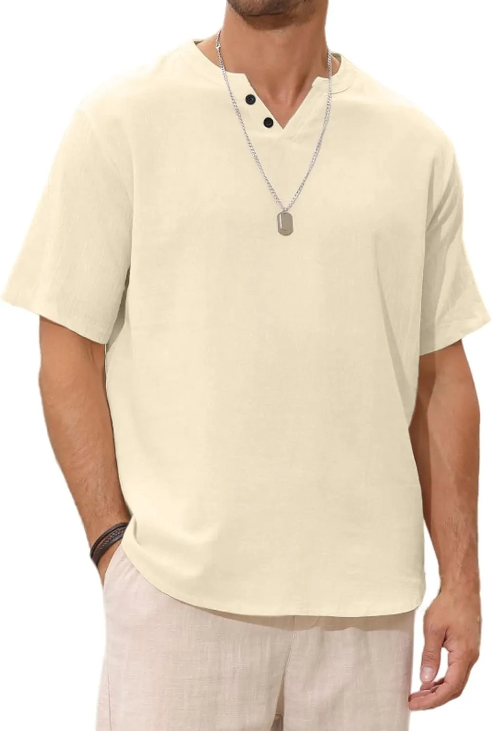 Angbater Men's Linen Shirt Short Beach Hippie T Shirts Casual Summer Lightweight Tropical Henley Shirts