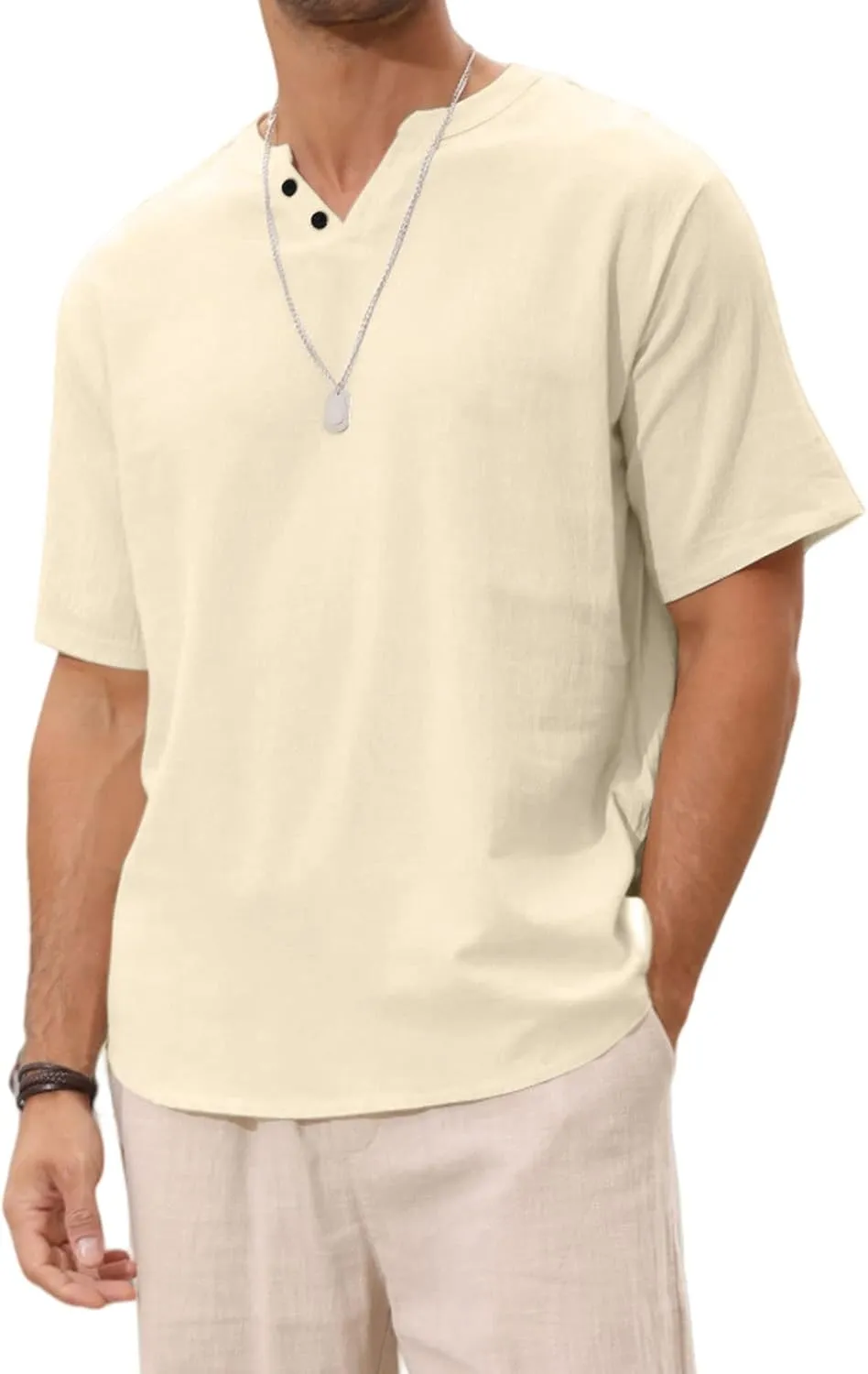 Angbater Men's Linen Shirt Short Beach Hippie T Shirts Casual Summer Lightweight Tropical Henley Shirts