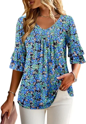 Angerella 3/4 Length Sleeve Womens Tops Dressy Casual Blouses Loose Fit Tunic Tops V Neck T Shirts Spring Summer Outfits