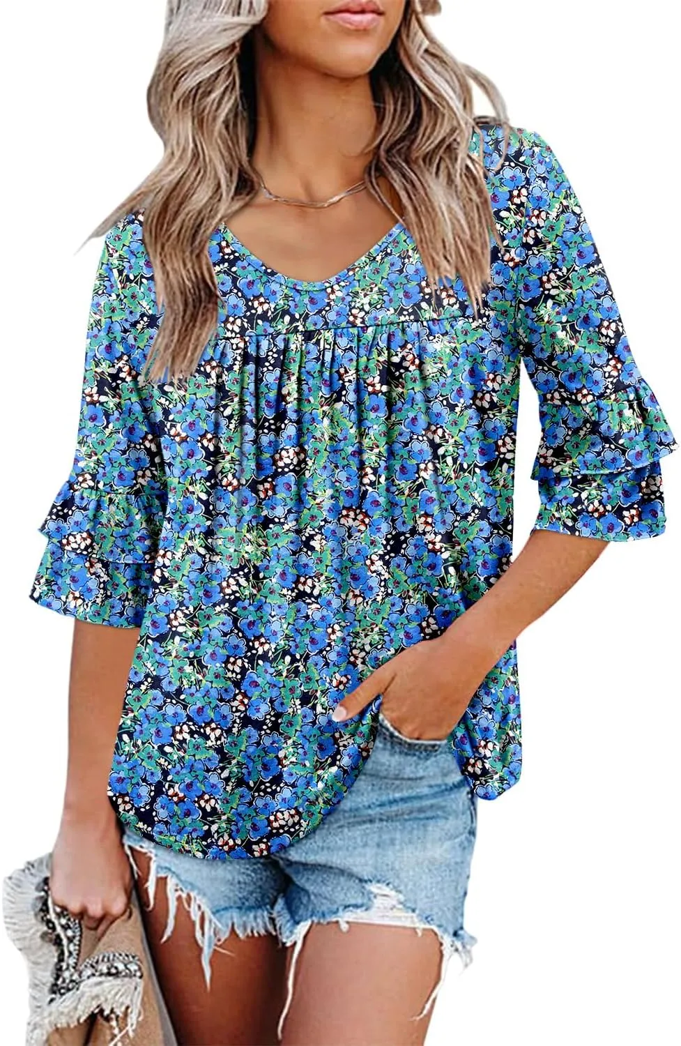 Angerella 3/4 Length Sleeve Womens Tops Dressy Casual Blouses Loose Fit Tunic Tops V Neck T Shirts Spring Summer Outfits