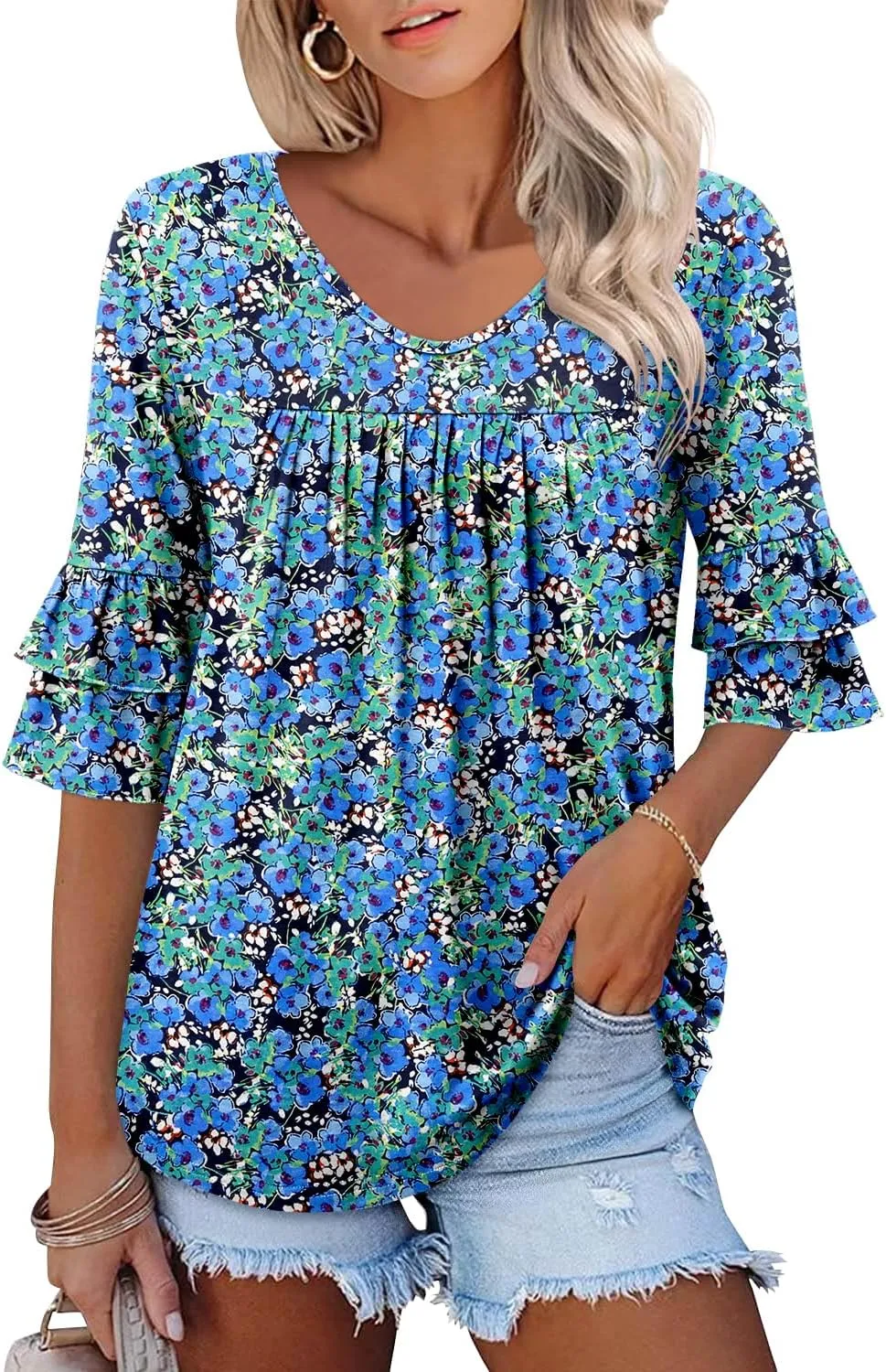 Angerella 3/4 Length Sleeve Womens Tops Dressy Casual Blouses Loose Fit Tunic Tops V Neck T Shirts Spring Summer Outfits