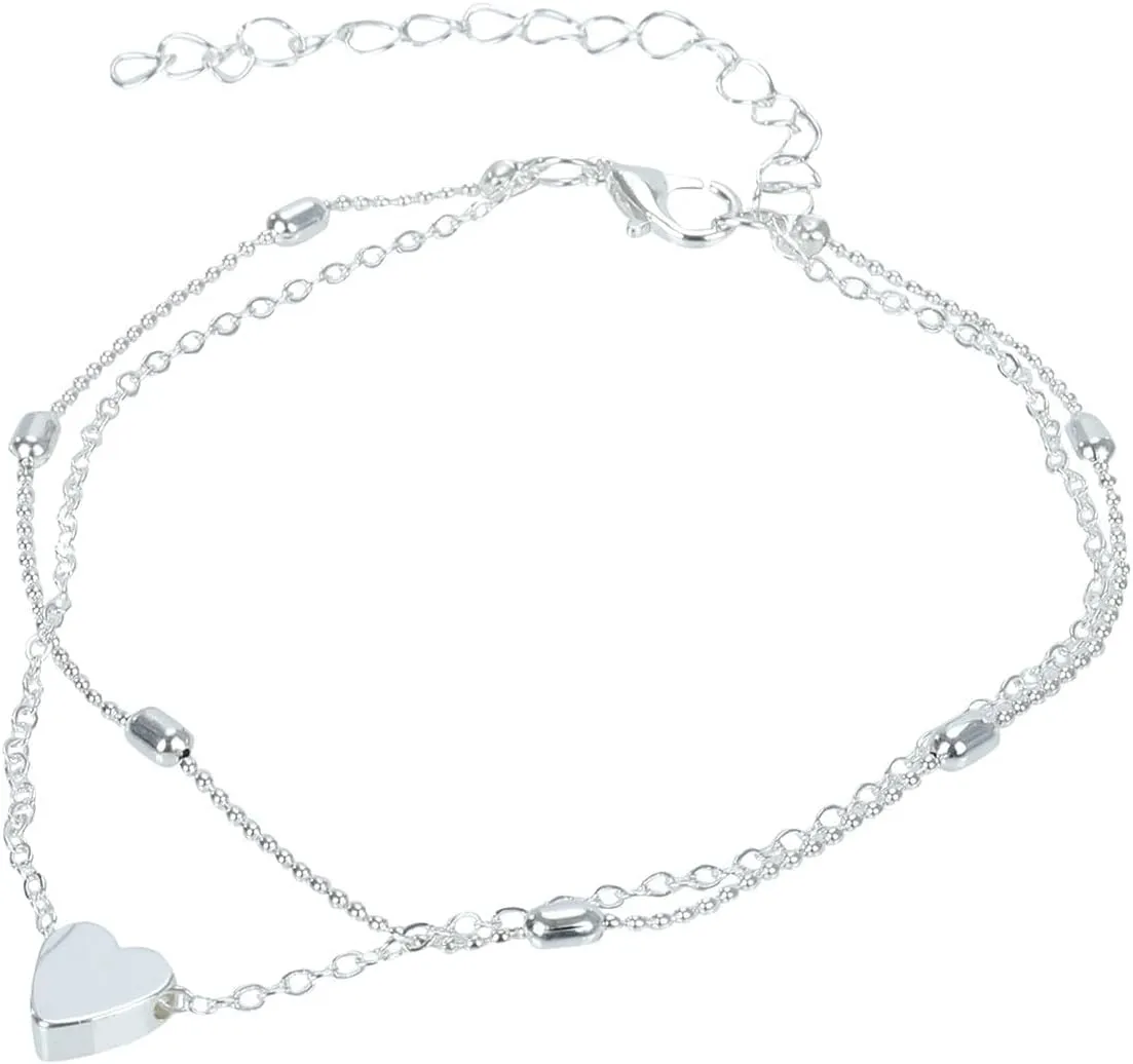 Ankle Bracelets for Women, Stainless Steel/Gold/Silver Chain Anklets, Heart Anklets Resizable Length Anklet for Women 925 Sterling Silver Adjustable Foot Beaded Heart zirconia Jewelry 8-11Inch
