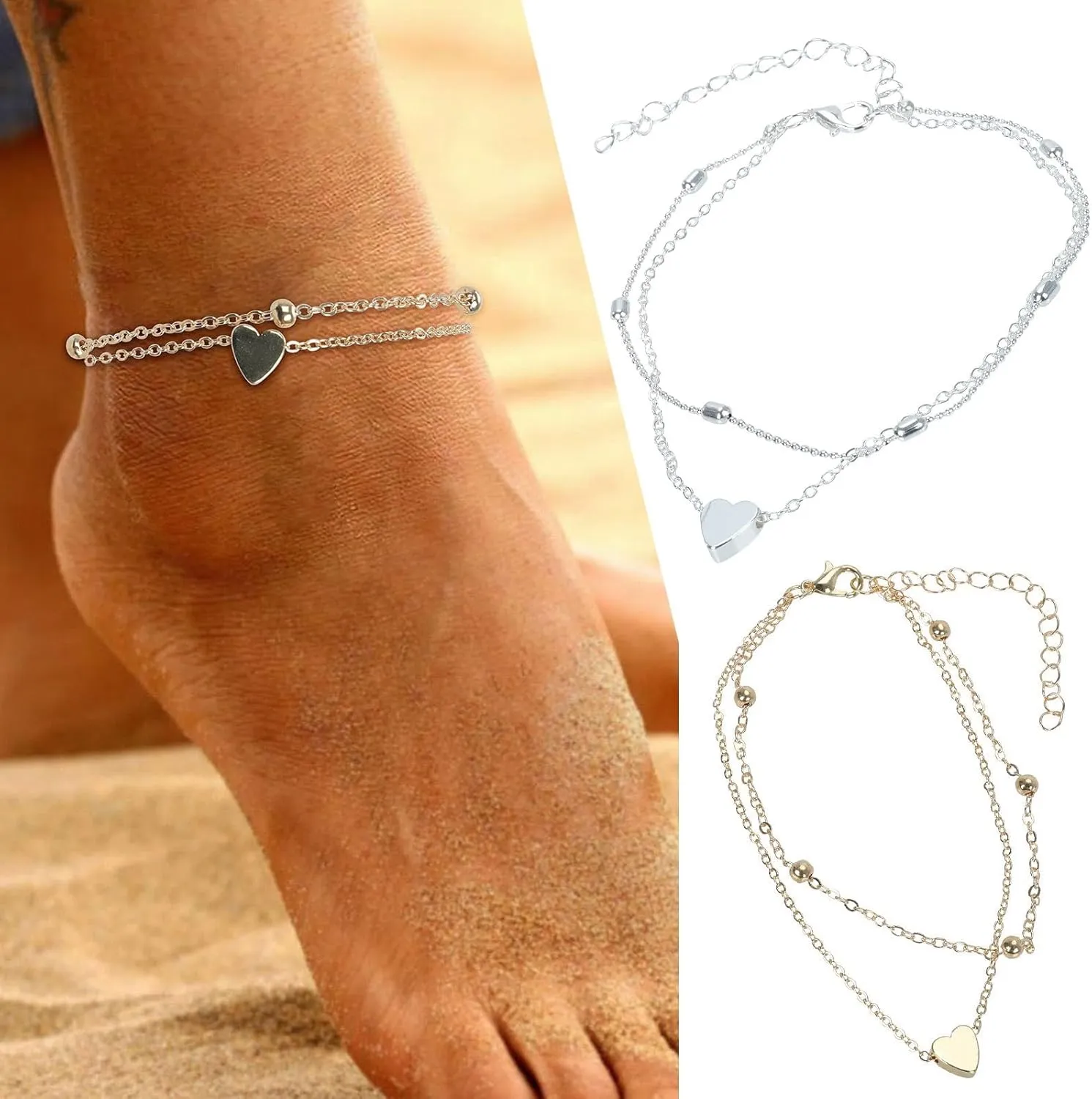 Ankle Bracelets for Women, Stainless Steel/Gold/Silver Chain Anklets, Heart Anklets Resizable Length Anklet for Women 925 Sterling Silver Adjustable Foot Beaded Heart zirconia Jewelry 8-11Inch