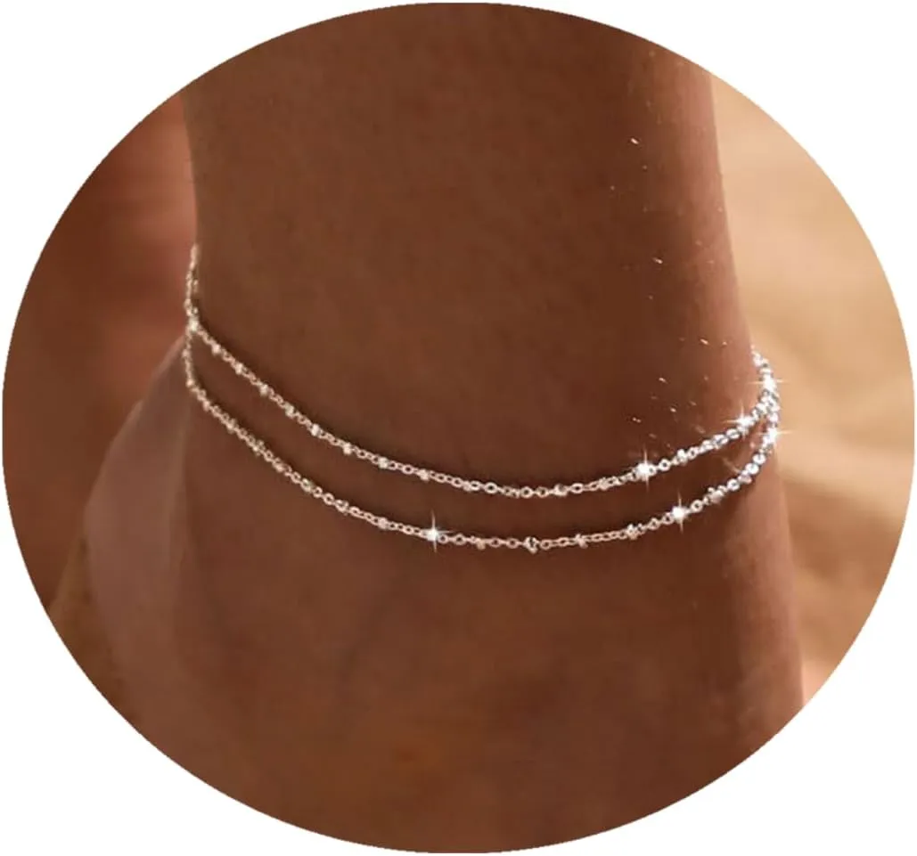 Anklet for Women 14K Gold Plated Ankle Bracelets Silver Anklet Waterproof Pearl Cubic Zirconia Rhinestone Heart Beads Herringbone Cuba Link Chain Anklets Dainty Jewelry
