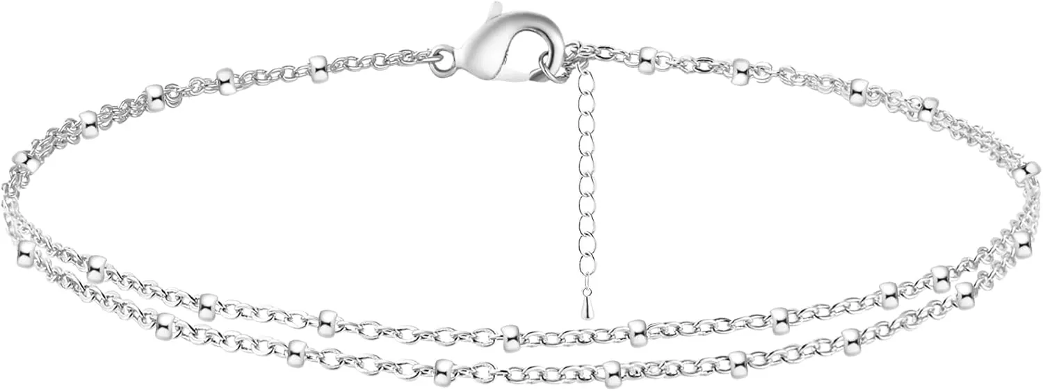 Anklet for Women 14K Gold Plated Ankle Bracelets Silver Anklet Waterproof Pearl Cubic Zirconia Rhinestone Heart Beads Herringbone Cuba Link Chain Anklets Dainty Jewelry