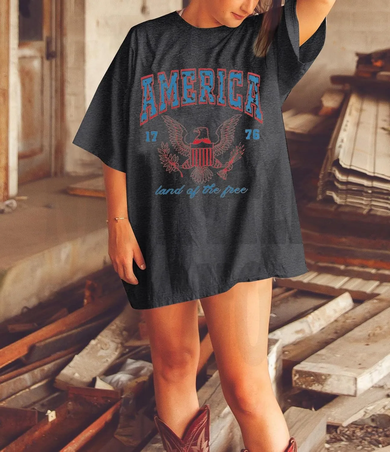 ASTANFY 1776 America Shirt Oversized Tshirts: Womens 4th of July Shirts Retro Eagles Band Tees Patriotic Shirts
