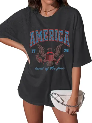 ASTANFY 1776 America Shirt Oversized Tshirts: Womens 4th of July Shirts Retro Eagles Band Tees Patriotic Shirts