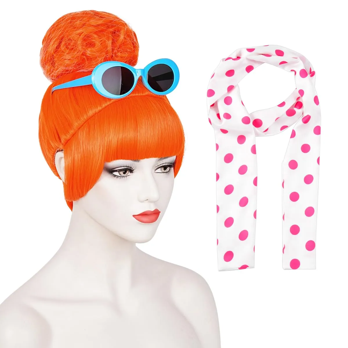 ATAYOU 4Pcs Orange Bun Wig Flat Bang Updo Wig With Red Polka Dot Scarf and Blue Retro Style Sunglasses for Women Halloween Costume(Without Dress)