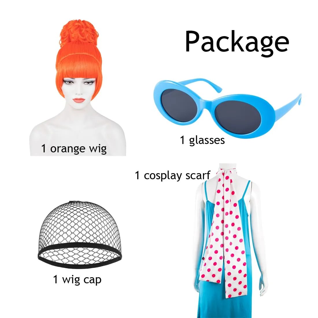 ATAYOU 4Pcs Orange Bun Wig Flat Bang Updo Wig With Red Polka Dot Scarf and Blue Retro Style Sunglasses for Women Halloween Costume(Without Dress)