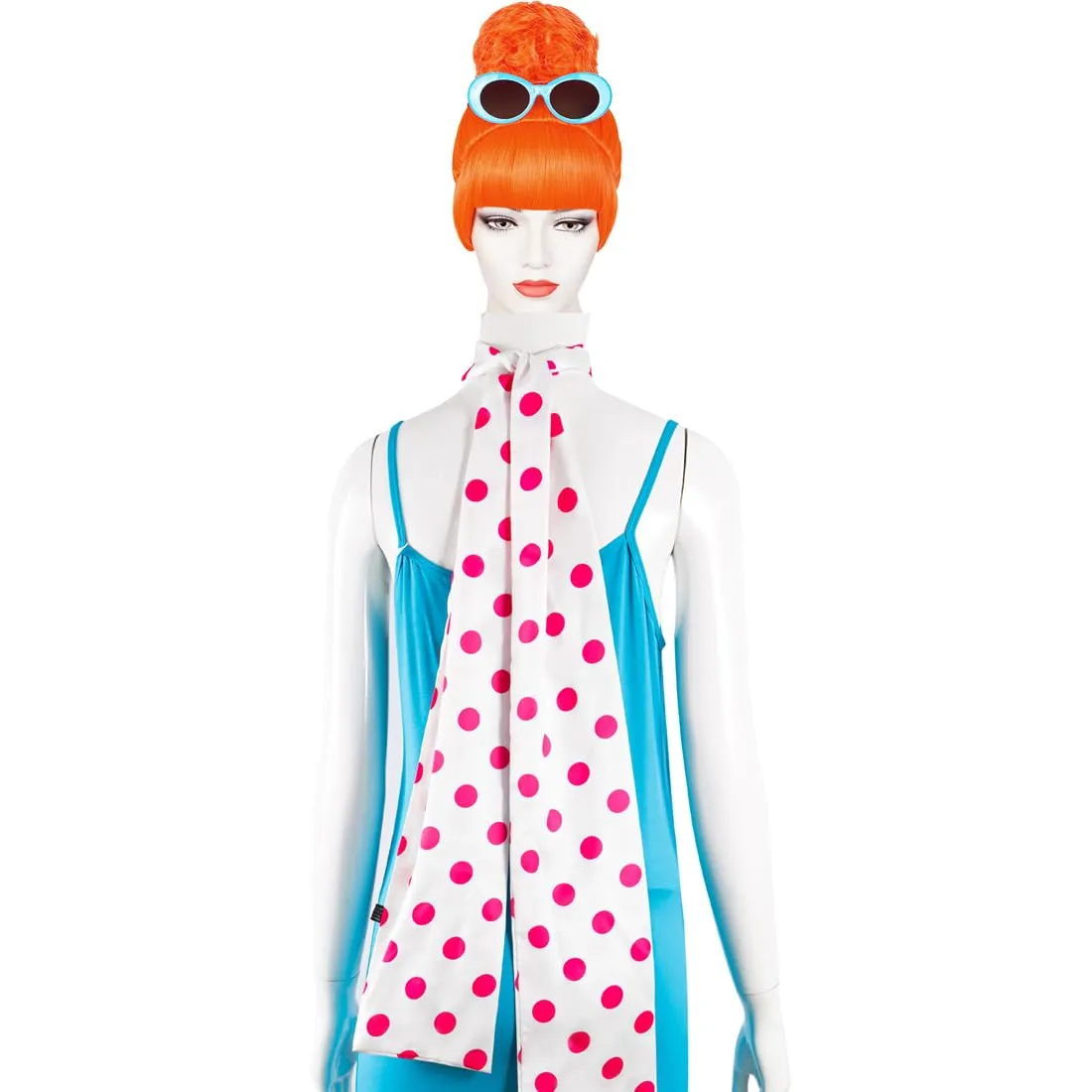 ATAYOU 4Pcs Orange Bun Wig Flat Bang Updo Wig With Red Polka Dot Scarf and Blue Retro Style Sunglasses for Women Halloween Costume(Without Dress)