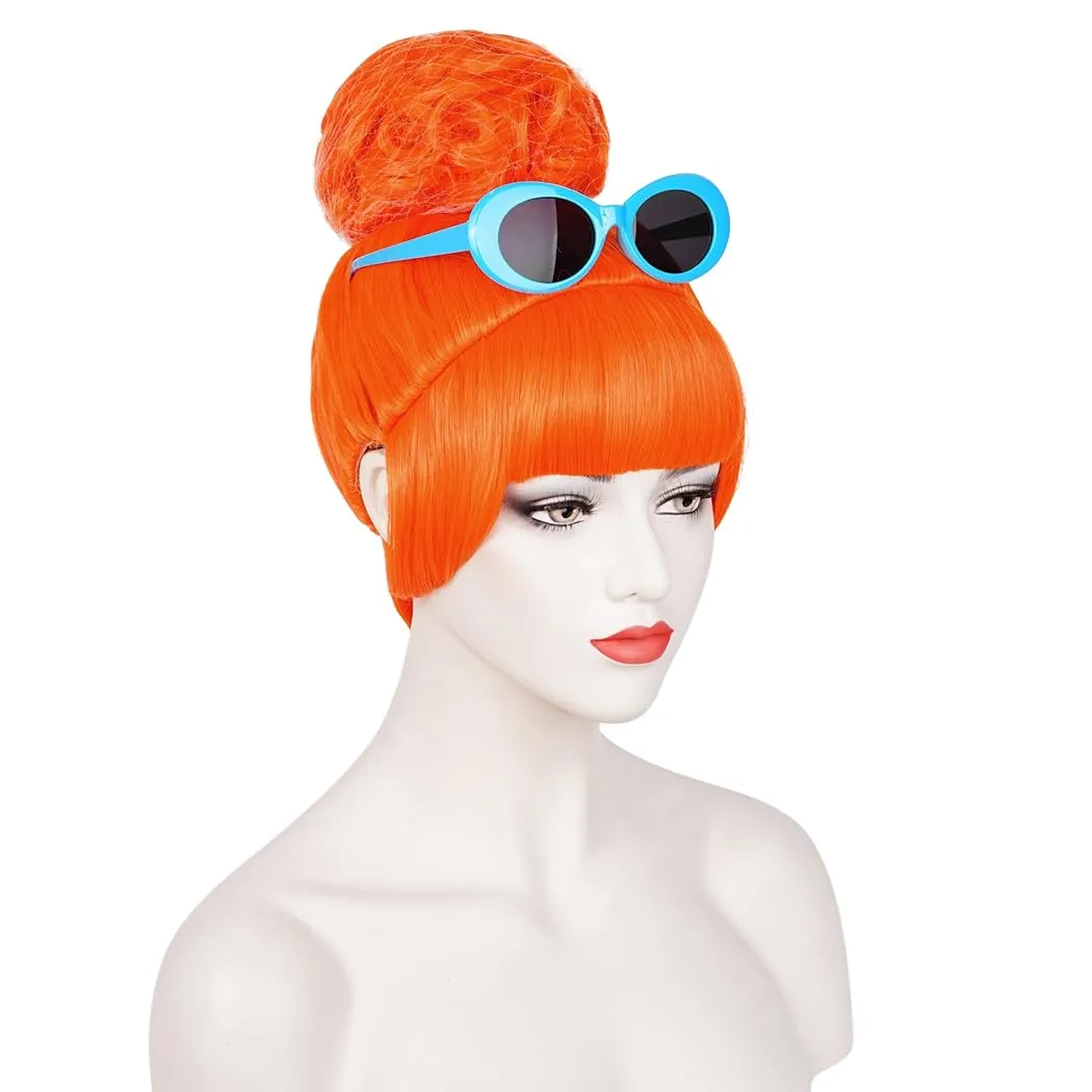ATAYOU 4Pcs Orange Bun Wig Flat Bang Updo Wig With Red Polka Dot Scarf and Blue Retro Style Sunglasses for Women Halloween Costume(Without Dress)