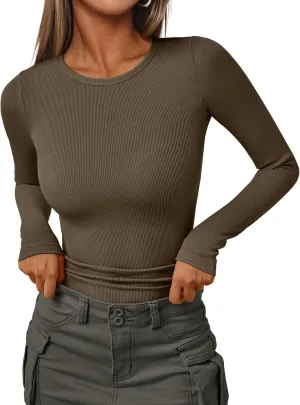 AUTOMET Womens Ribbed Shirts Crewneck Fitted Tops Casual Underscrubs Layer Slim Basic T-Shirts