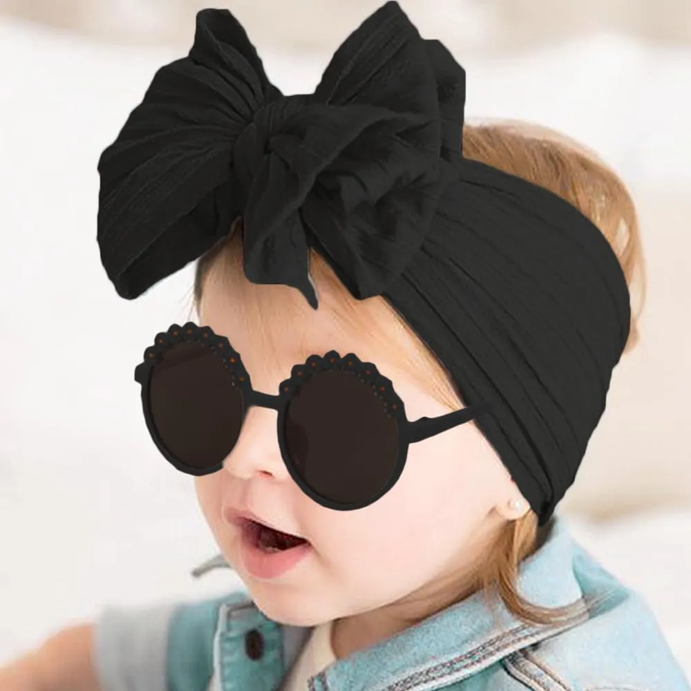 Baby Girls Nylon Bows Headband and Sunglasses Set Cute Hair Bow Headwrap Kid Daisy Flower Sunglasses Party Shower Hair Accessories for Newborn Toddler Infant (Black, Standard)