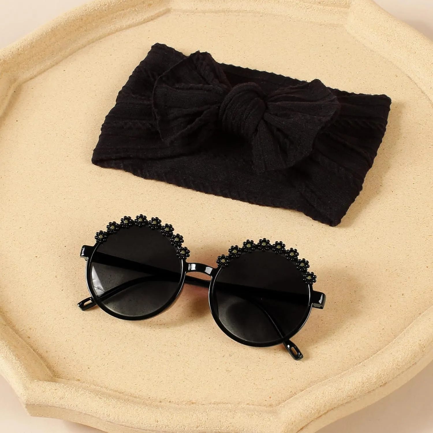 Baby Girls Nylon Bows Headband and Sunglasses Set Cute Hair Bow Headwrap Kid Daisy Flower Sunglasses Party Shower Hair Accessories for Newborn Toddler Infant (Black, Standard)
