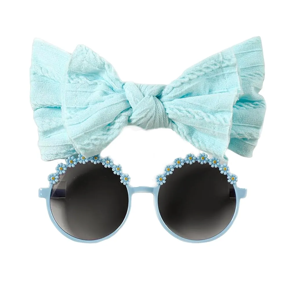 Baby Girls Nylon Bows Headband and Sunglasses Set Cute Hair Bow Headwrap Kid Daisy Flower Sunglasses Party Shower Hair Accessories for Newborn Toddler Infant (Blue, Standard)