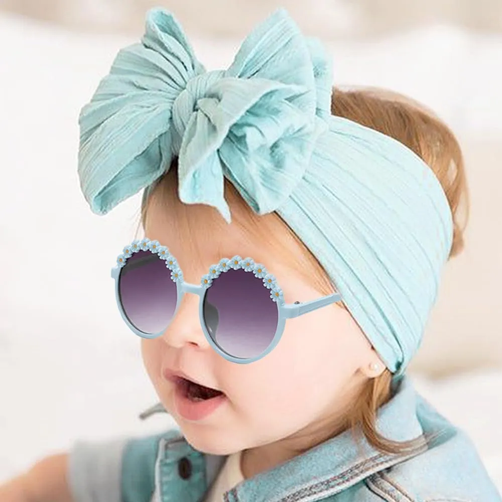 Baby Girls Nylon Bows Headband and Sunglasses Set Cute Hair Bow Headwrap Kid Daisy Flower Sunglasses Party Shower Hair Accessories for Newborn Toddler Infant (Blue, Standard)