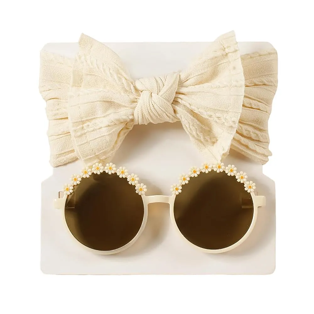 Baby Girls Nylon Bows Headband and Sunglasses Set Cute Hair Bow Headwrap Kid Daisy Flower Sunglasses Party Shower Hair Accessories for Newborn Toddler Infant (Creamy, Standard)