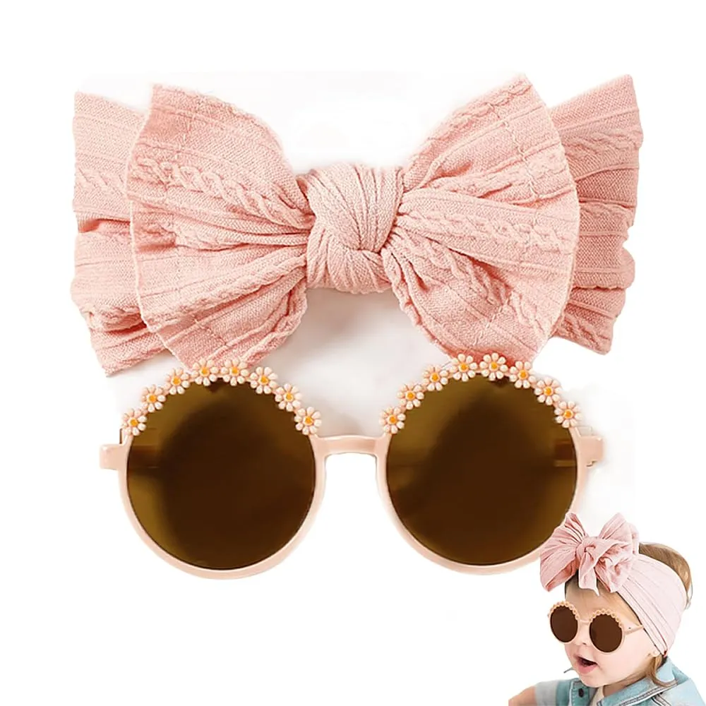Baby Girls Nylon Bows Headband and Sunglasses Set Cute Hair Bow Headwrap Kid Daisy Flower Sunglasses Party Shower Hair Accessories for Newborn Toddler Infant (Pink, Standard)
