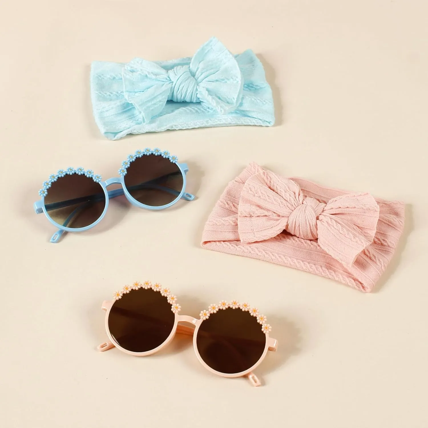 Baby Girls Nylon Bows Headband and Sunglasses Set Cute Hair Bow Headwrap Kid Daisy Flower Sunglasses Party Shower Hair Accessories for Newborn Toddler Infant (Pink, Standard)