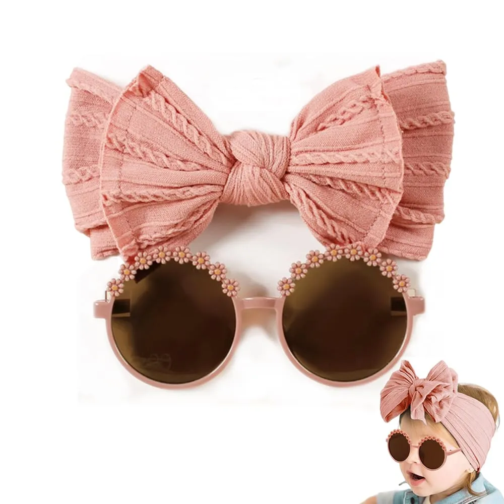 Baby Girls Nylon Bows Headband and Sunglasses Set Cute Hair Bow Headwrap Kid Daisy Flower Sunglasses Party Shower Hair Accessories for Newborn Toddler Infant (Rose pink, Standard)