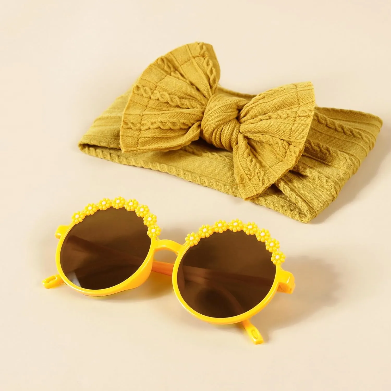 Baby Girls Nylon Bows Headband and Sunglasses Set Cute Hair Bow Headwrap Kid Daisy Flower Sunglasses Party Shower Hair Accessories for Newborn Toddler Infant (Yellow, Standard)