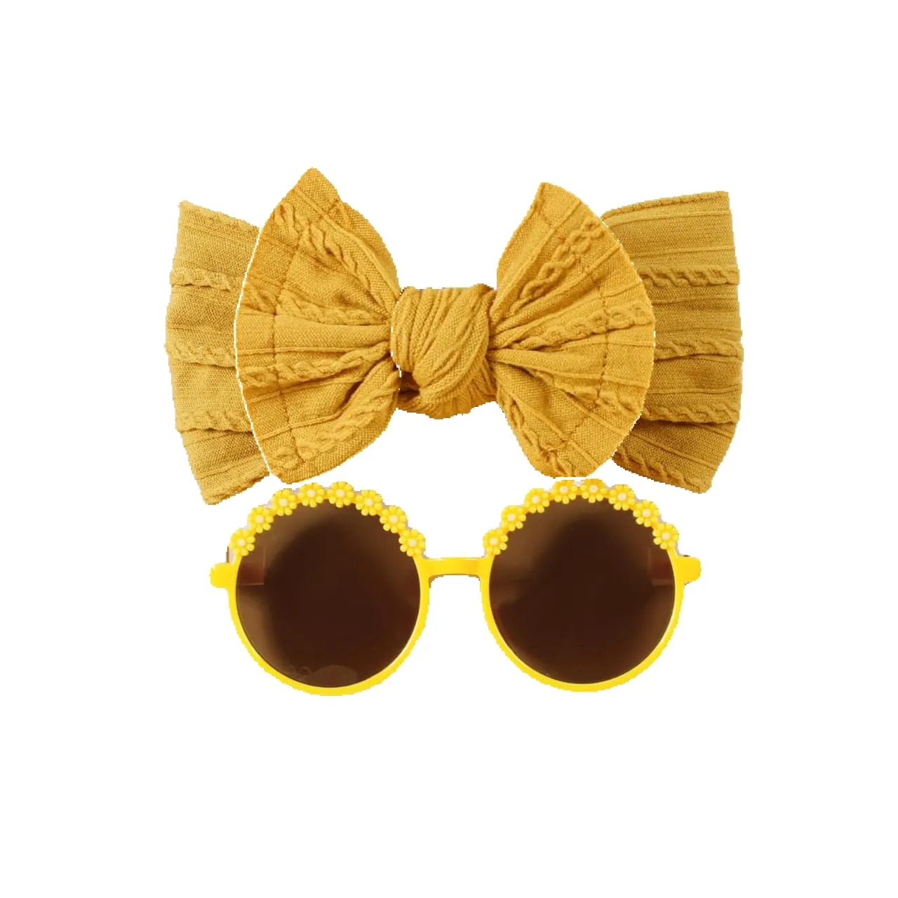 Baby Girls Nylon Bows Headband and Sunglasses Set Cute Hair Bow Headwrap Kid Daisy Flower Sunglasses Party Shower Hair Accessories for Newborn Toddler Infant (Yellow, Standard)