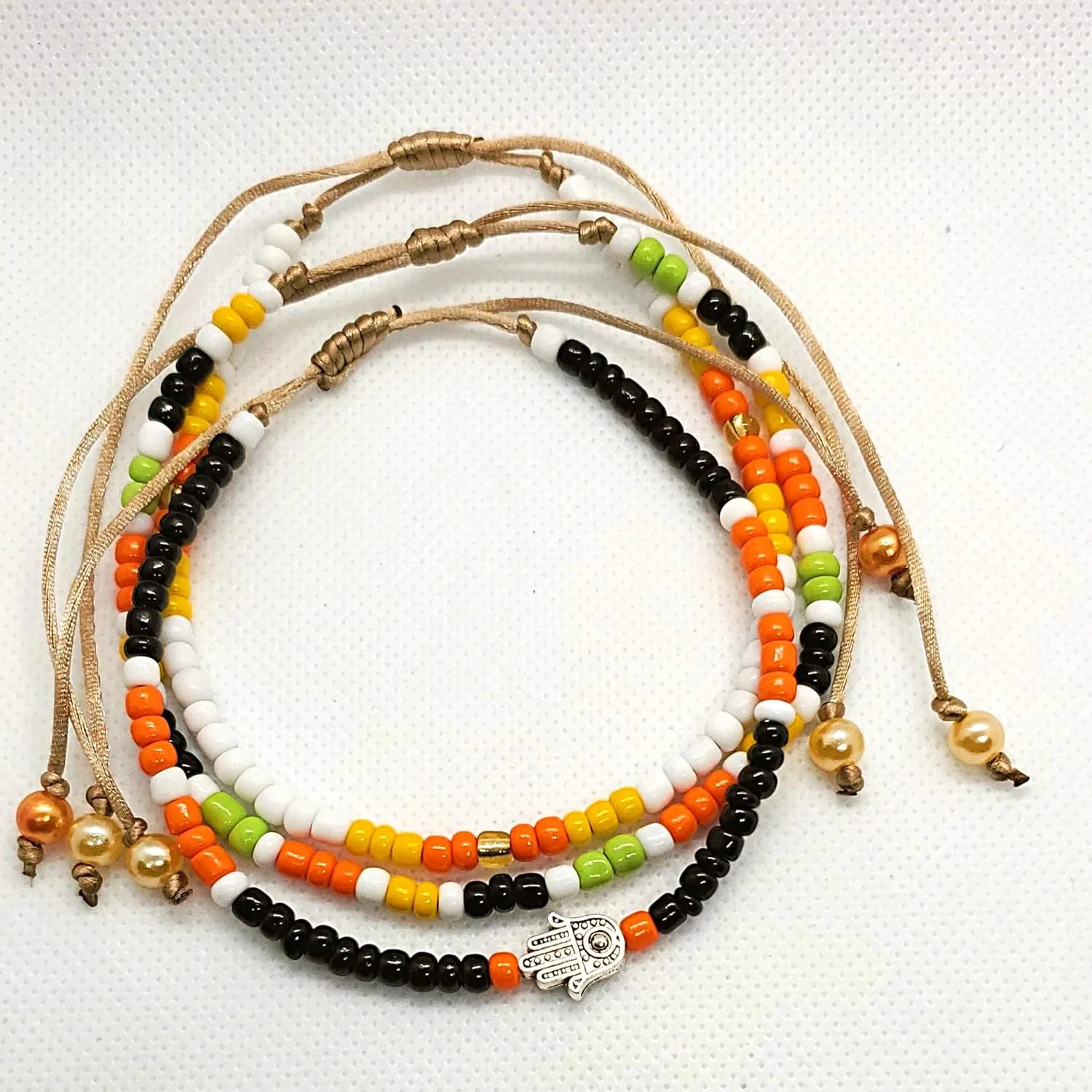 Beach Colorful Hamsa Hand Amulet Bohemian Adjustable Unisex Beaded Foot Anklet Set Handmade in the USA