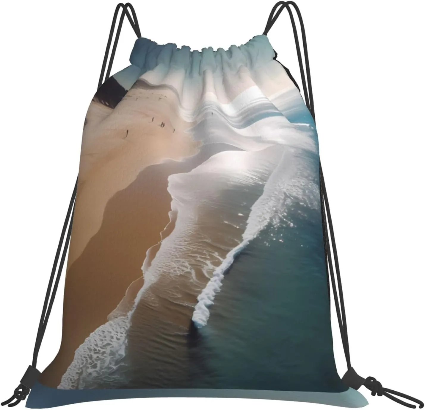 (Beach) Drawstring Backpack Drawstring Gym Bag Foldable Water Drawstring Bags Draw String Back Bag For Shopping Sport Yoga Travel, Swimming, Beach, White